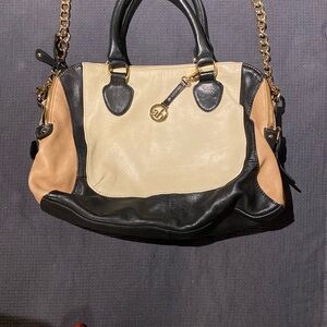 Audrey Brooke Black and Tan Shoulder Bag with Gold Accents